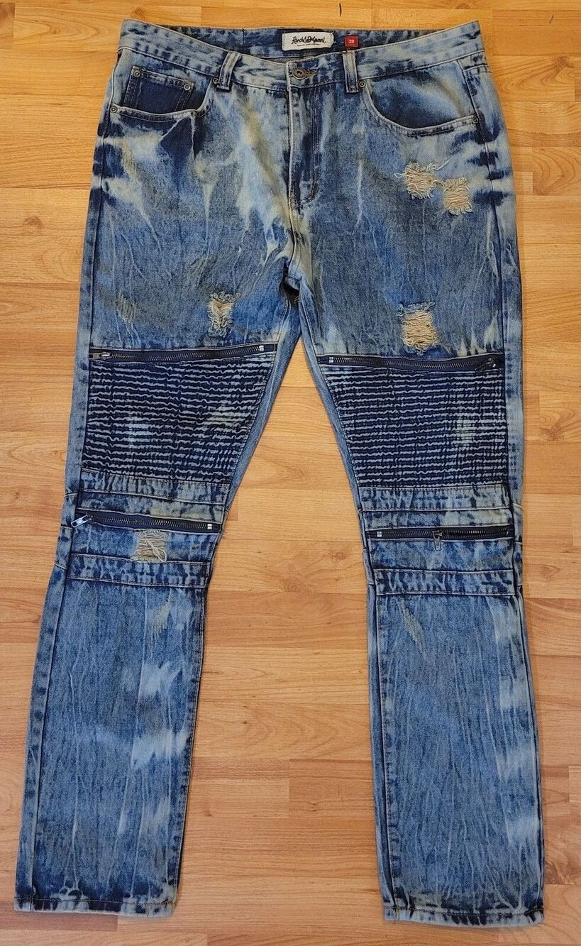 Rsrch & Dvlpmnt Distressed Jeans Mens 38x30 Slim Straight Moto Pants Zippers